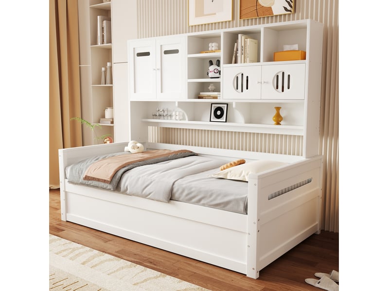  Lit avec coffre, 90x200 cm, structure, avec coffre de rangement hydraulique, matelas non inclus, bois, coloris blanc  - Conforama E