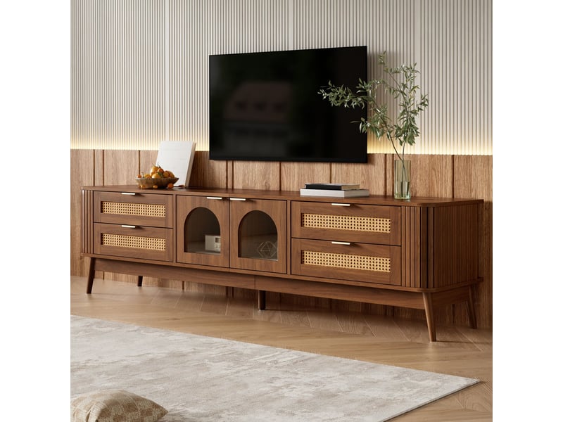  Meuble tv led éclairage pilotable par application portes en verre de sécurité trempé incurvé structure en panneau de particules pieds en bois massif rangement fermé quatre tiroirs  - Conforama B