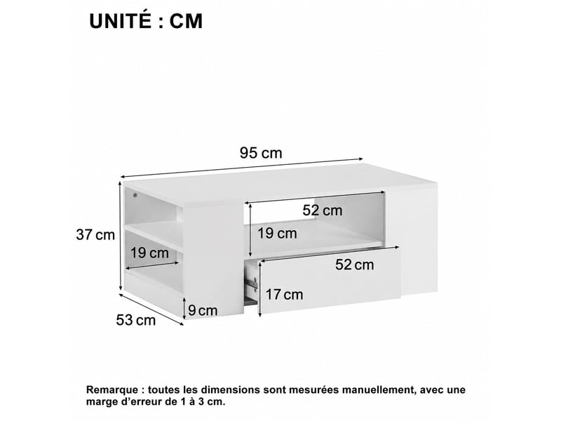  Table basse led blanc brillant 95x53x37 cm，avec 2 tiroirs et 2 niches, contrôle par application  - Conforama C