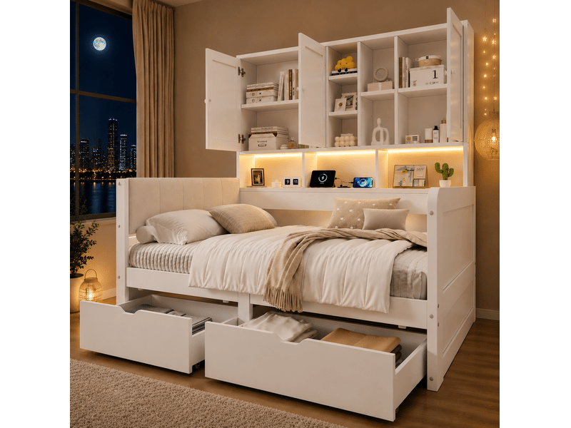  Lit enfant avec rangements, éclairage led et module de charge en mdf blanc  - Conforama B