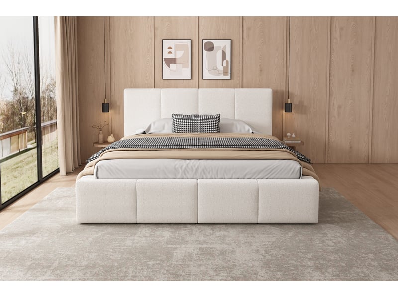  Lit double 180x200 cm avec tête de lit rembourrée en tissu bouclette beige et sommier inclus  - Conforama E