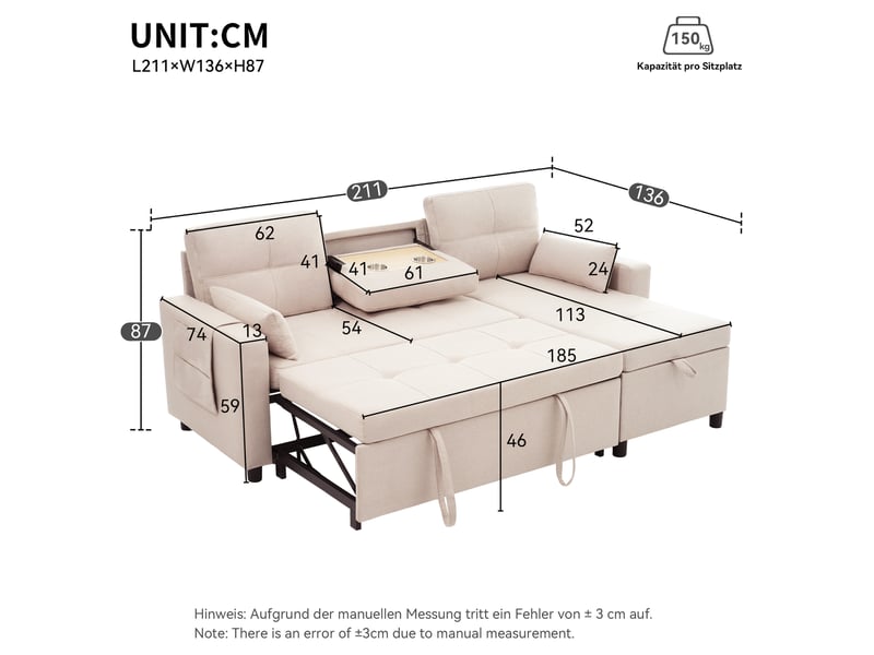  Canapé d'angle en forme de l convertible, doté d'un espace de rangement intégré et d'un porte-gobelet rabattable ; adapté aux salons et aux espaces similaires-beige  - Conforama C