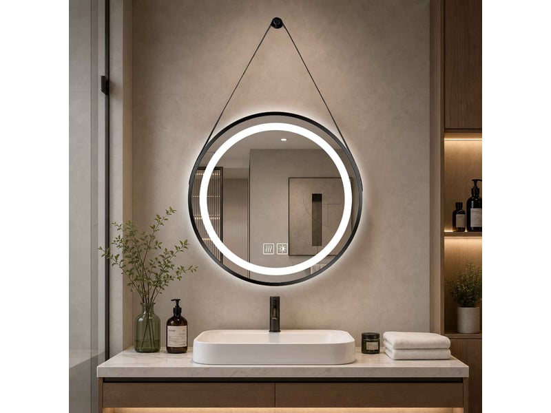  Miroir led rond 50 cm sangle noire cadre métal éclairage réglable commande tactile antibuée pour salle de bain  - Conforama E