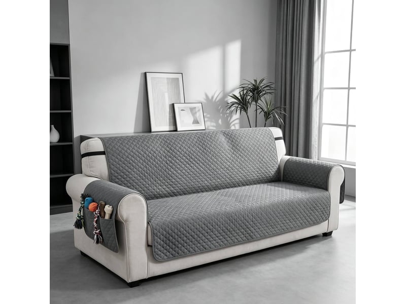  Housse de protection pour canapé 3 places 306 x 177 cm grise en polyester, avec poches et sangles  - Conforama B