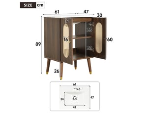 Meuble sous-vasque sur pieds 61 cm noyer, céramique et mdf, portes en rotin, étagères fixes et fermeture douce