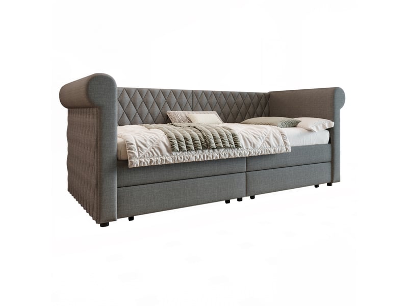  Lit avec rangement 90 x 200 cm à tiroirs en tissu lin gris  - Conforama R