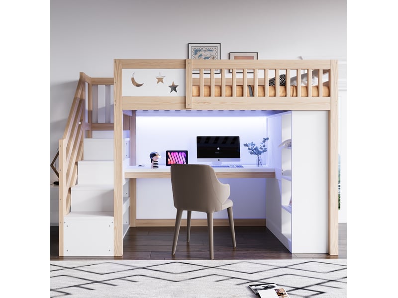  Lit mezzanine modenvie 90 x 200 cm avec bureau, led, prises et rangements blanc et naturel  - Conforama D