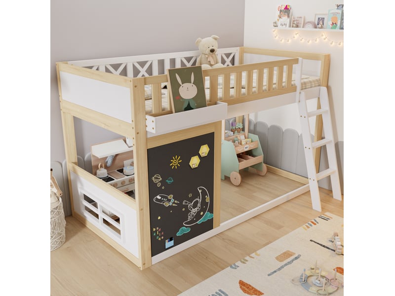  Modenvie lit mezzanine enfant 90x200 cm - avec tableau, rangement et echelle inclinee - bicolore  - Conforama D