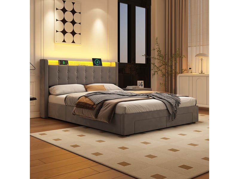  Lit coffre 2 places 140x190 cm avec led et tiroirs, coloris gris  - Conforama E