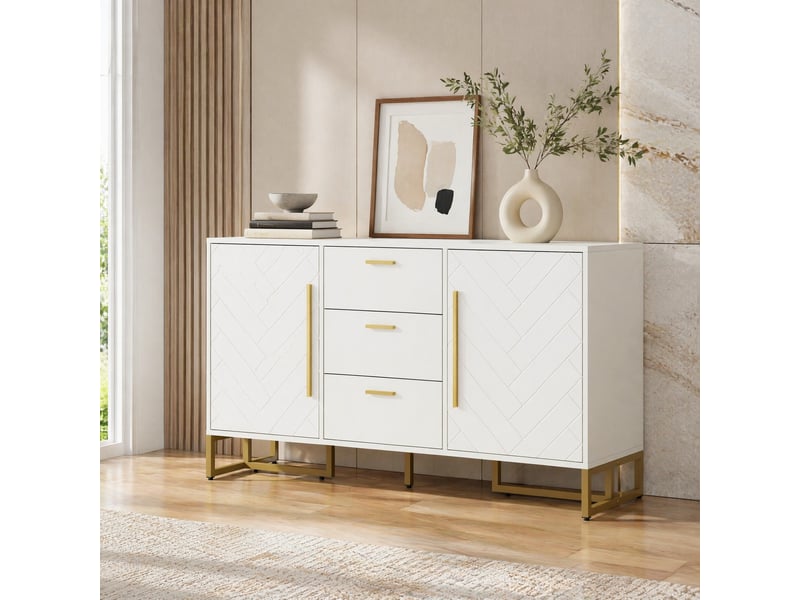  Buffet blanc à 2 portes et 3 tiroirs avec motif chevrons  - Conforama B