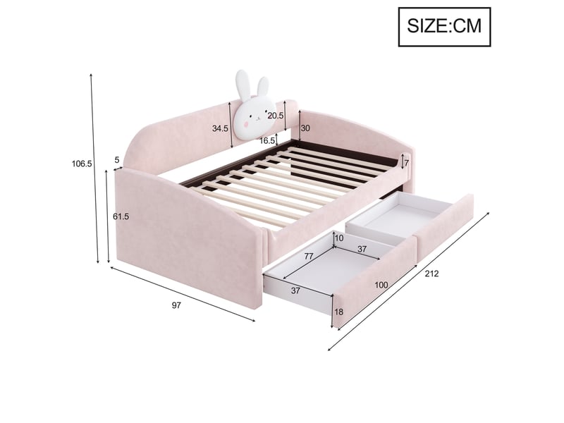  Lit banquette enfant 90x200 cm, 2 tiroirs, led, coussin lapin, rangement, mdf métal, tissu velours, rose, sans matelas  - Conforama C