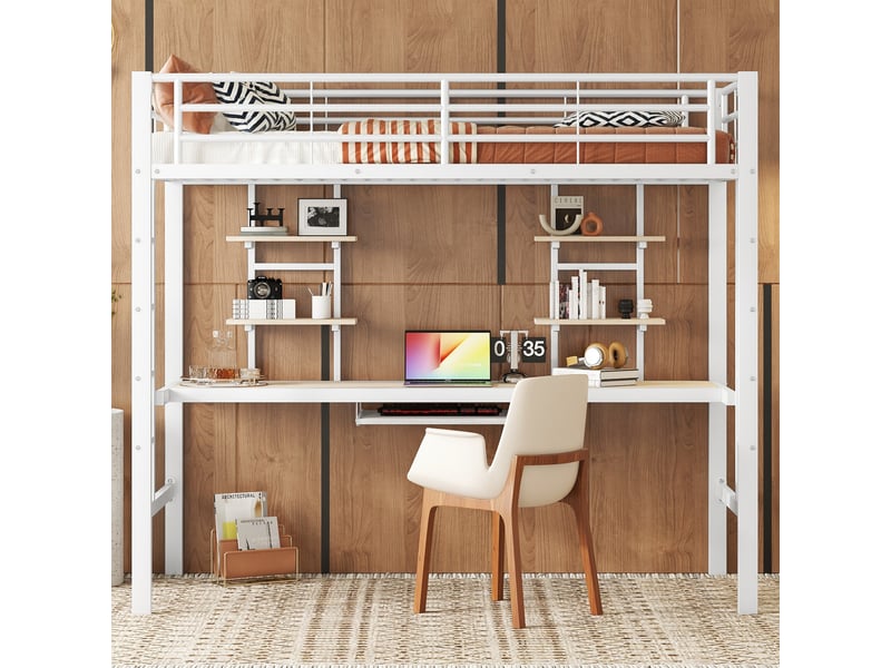 Lit mezzanine en métal blanc 90 × 200 cm, bureau intégré et 2 bibliothèques - Conforama B