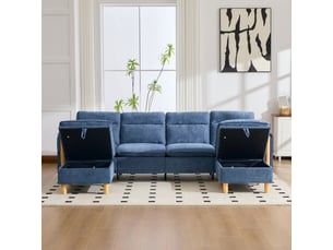 Grand canapé en u avec 2 poufs à rangement, modulable 4 places, pieds en bois, chenille bleu