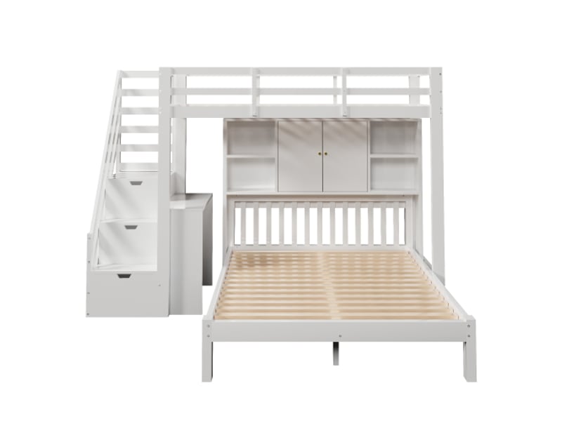  Lit enfant 90x200cm+140x200cm,lit superposé en bois massif avec étagères,table mobile,escalier avec rangement et garde-corps,blanc lit enfant blanc - Conforama D