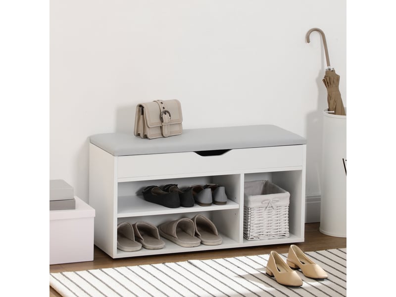  Meuble chaussures banc à chaussures 2 niveaux rangement, niche + coffre intégré avec coussin blanc  - Conforama C