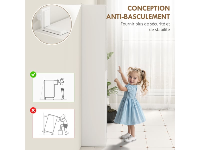  Meuble colonne salle de bain avec miroir, meuble de rangement à 6 niveaux 2 portes étagères réglables 32x28x162cm blanc  - Conforama R