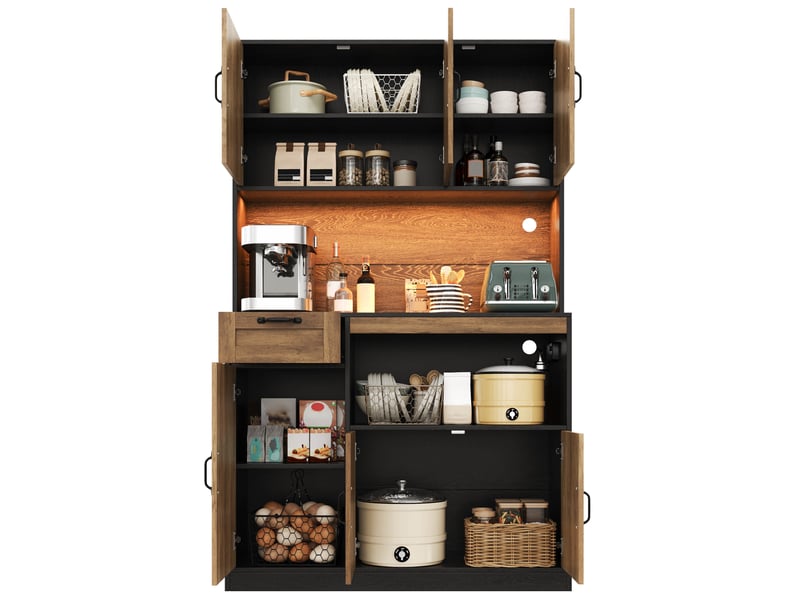  Armoire de cuisine 110x40x180 cm avec 6 portes et 1 tiroir, éclairage led rvb, design moderne, en mdf, noir et naturel  - Conforama A
