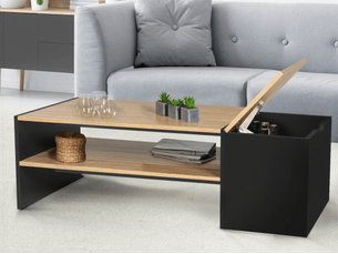 Table basse bar contemporaine rectangulaire izia avec coffre noir et plateaux bois