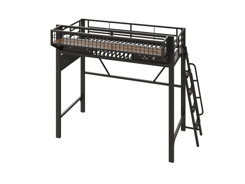  Lit mezzanine enfant 90 x 200 cm en métal noir, avec rangements latéraux et espace ouvert, sans matelas  - Conforama D