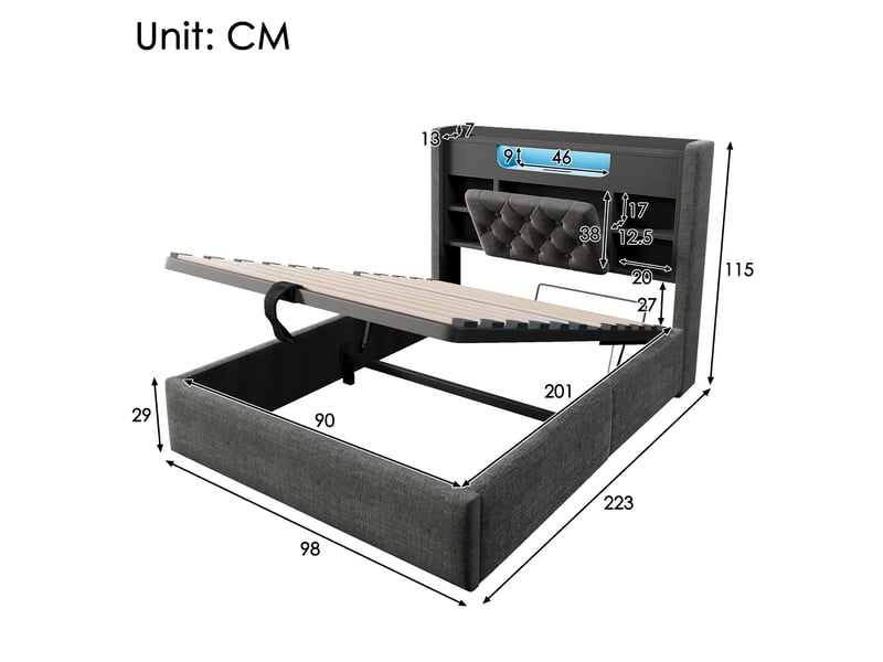  Lit coffre 90x200 cm, lit simple avec rangement hydraulique, led, usbtype-c, tête de lit avec étagère, tissu en lin, sans matelas - gris  - Conforama C