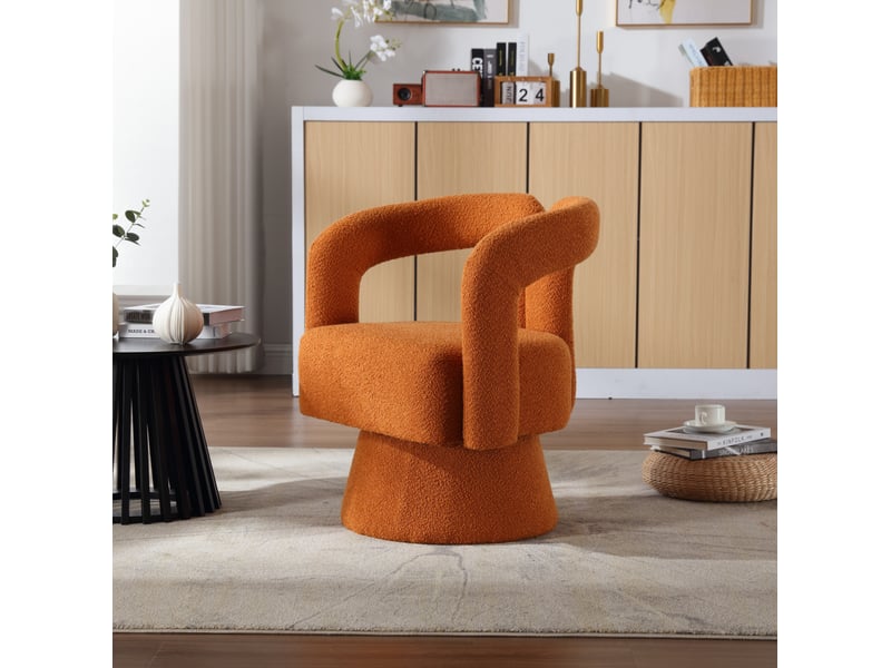  Fauteuil pivotant en bouclette avec assise rembourrée et base métallique, orange  - Conforama D