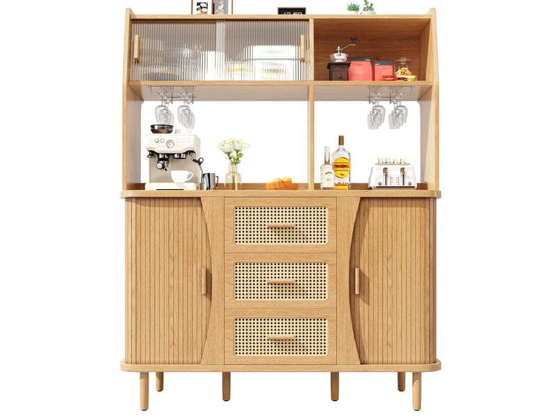  Buffet de cuisine avec 3 tiroirs, portes coulissantes en verre et range-verres, mdf, bois, 140 × 40,5 × 174,5 cm  - Conforama A