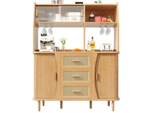 Buffet de cuisine avec 3 tiroirs, portes coulissantes en verre et range-verres, mdf, bois, 140 × 40,5 × 174,5 cm