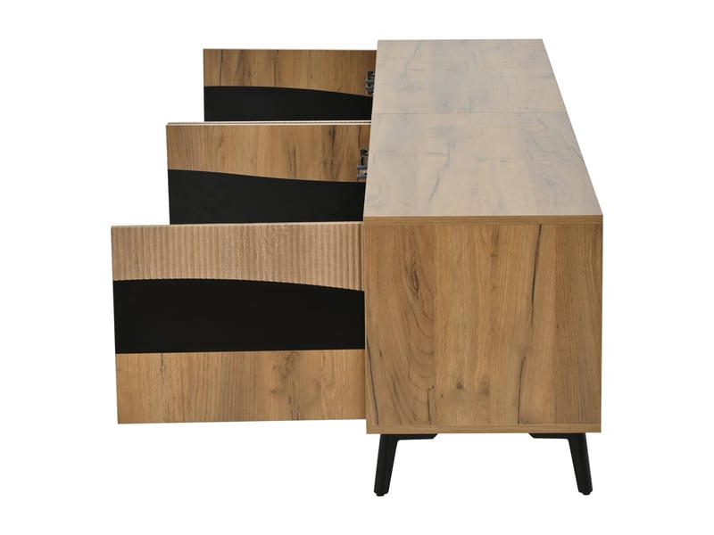  Meuble tv lowboard 180x40x50 cm en bois, 4 compartiments, pieds noirs métalliques, charge 30 kg, design symétrique  - Conforama E