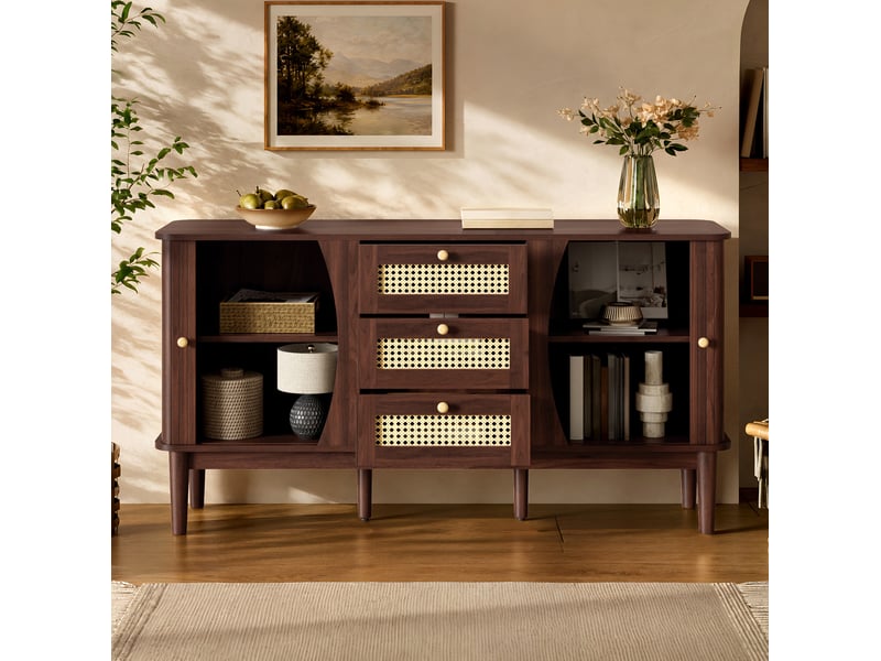 Buffet bas 141 cm en mdf bois foncé et paille, 3 tiroirs, portes coulissantes, rangement pour séjour - Conforama D