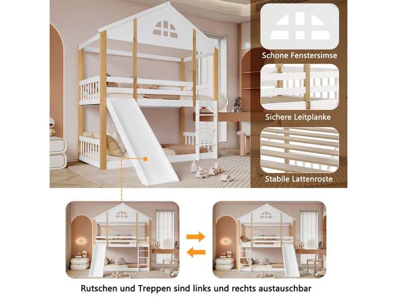  Lit cabane blanc et naturel 90x200 cm en bois massif, toboggan et échelle réversibles, fenêtres et espace libre dessous  - Conforama E