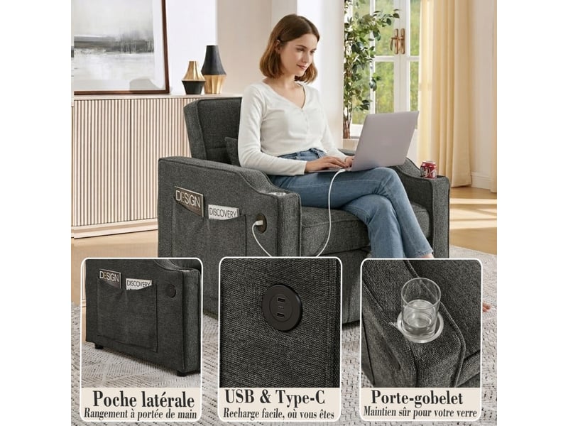  Fauteuil convertible 1 place - 190x85x86 cm - fauteuil 3-en-1 avec ports usb type-c et porte-gobelet - gris foncé  - Conforama D