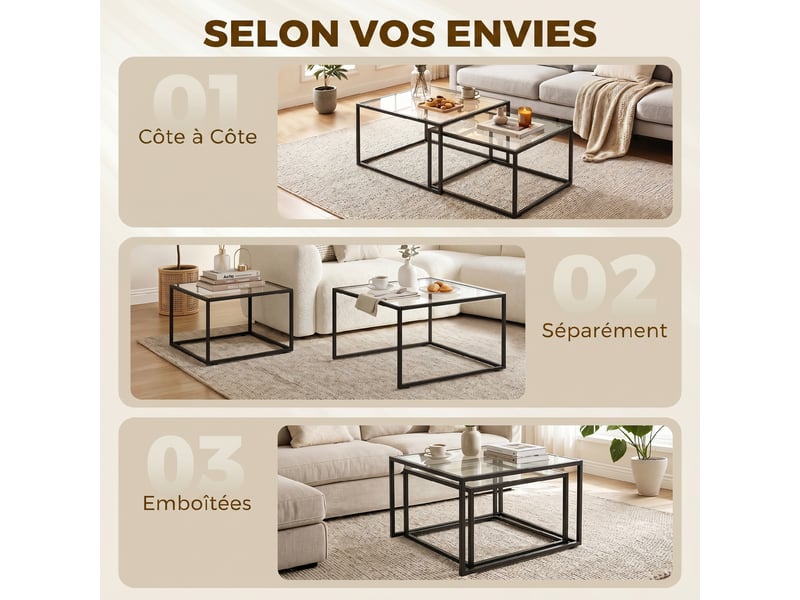  Lot de 2 tables basses gigognes en verre trempé et métal noir, 75 x 75 x 42 cm  - Conforama D