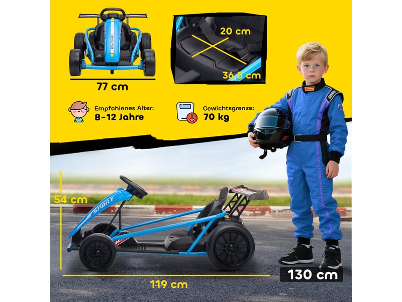  Kart électrique 24 v pour la conduite et le drift, pneus en nylon, ceinture de sécurité, klaxon, musique pour les 8-12 ans, bleu  - Conforama E