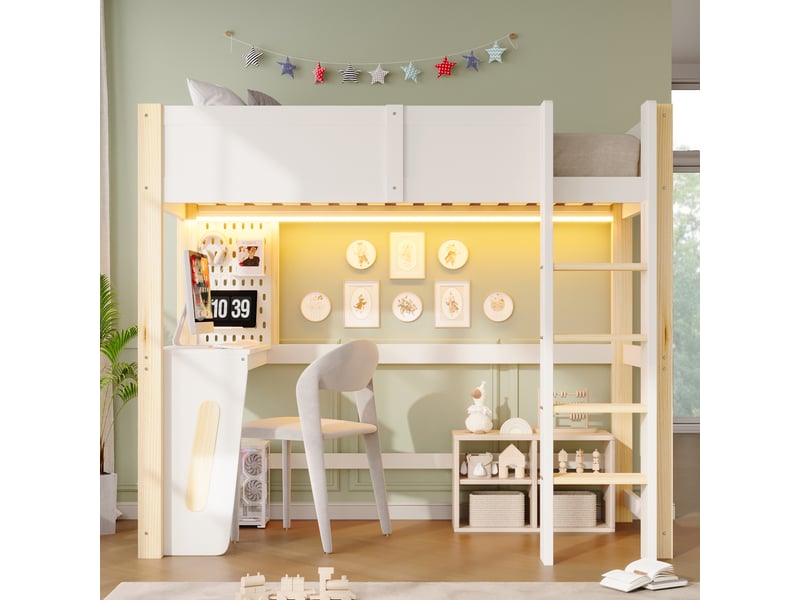  Lit mezzanine 90 x 200 cm, lit enfant surélevé, bureau intégré, éclairage led, sommier à lattes inclus, bois massif, naturel Morn Vibe - Conforama D