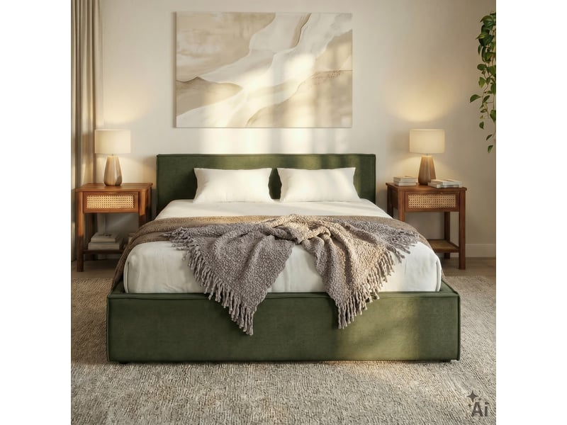  Lit double pesaro rembourré 140x190 avec tête de lit en tissu - vert  - Conforama C