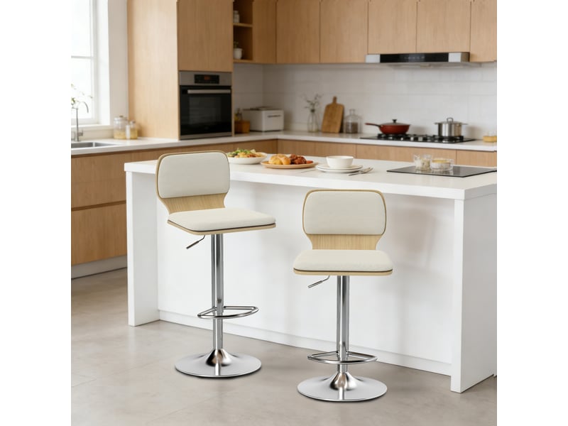  Ensemble de 2 tabourets de cuisine hauts, pivotants à 360°, hauteur réglable de 81 à 102 cm, revêtus de lin beige  - Conforama C