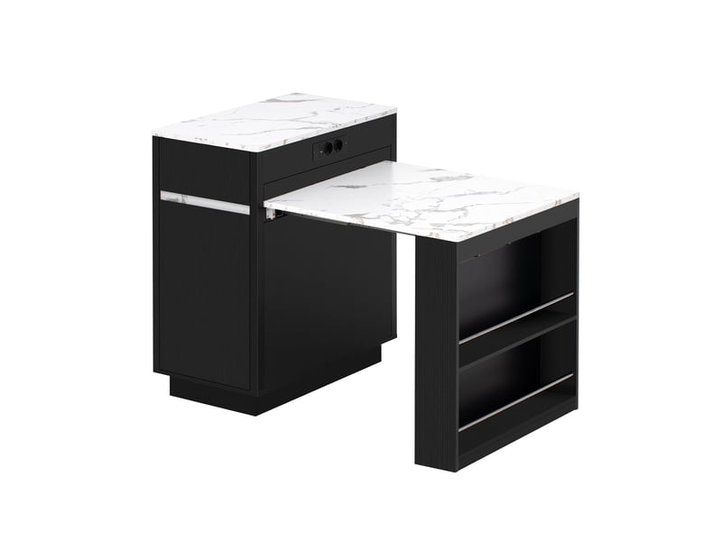  Ilot central de cuisine - 80,5x58x94cm - desserte extensible avec table, prises, led et roulettes - noir et bois  - Conforama A