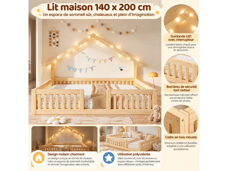  Lit cabane 140x200 cm en bois avec barrière de sécurité, éclairage led et toit maison, lit enfant, naturel OMNIGLINT TRADING LTD - Conforama E