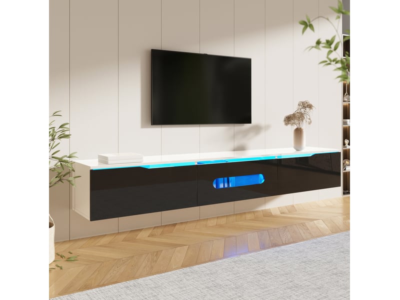  Meuble tv tcqpz 180 x 35 x 30 cm noir et blanc brillant led 16 couleurs pose au sol ou mural rangement pour tv 50-59 pouces  - Conforama E