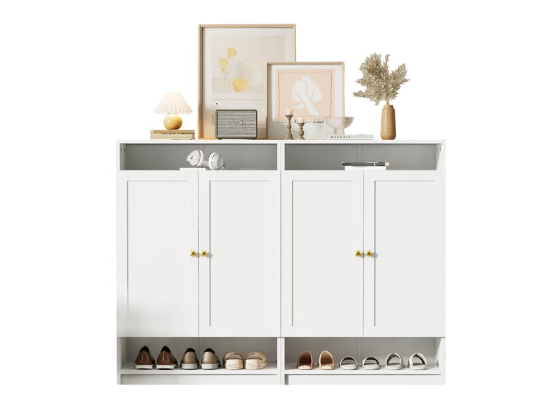 Meuble à chaussures 2 portes blanc, 146x34x109 cm, rangement avec étagères réglables et poignées dorées  - Conforama A