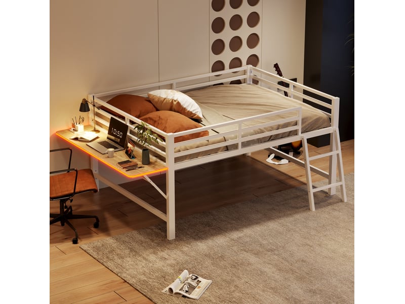 Lit mezzanine 140x200 cm avec bureau pliant et éclairage led en métal - Conforama B