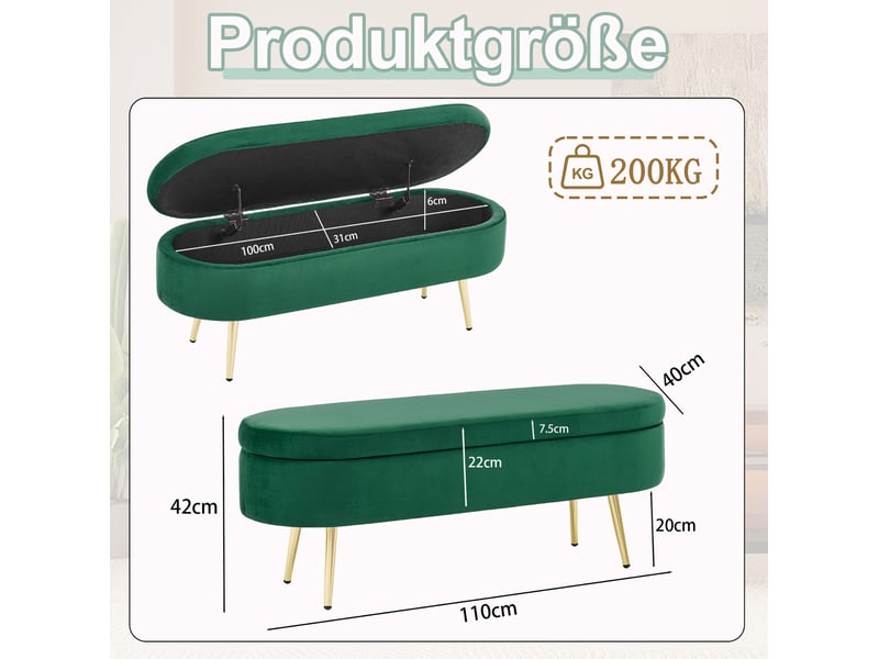  Banc de rangement ovale 110x40x42 cm en velours vert foncé avec pieds dorés  - Conforama C