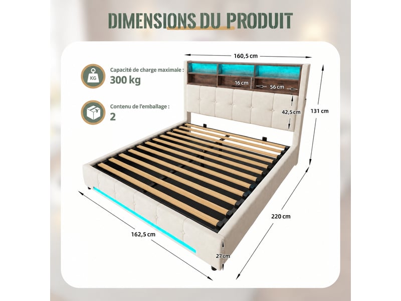  Lit coffre 160x200 en velours beige, ouverture hydraulique, tête de lit à 6 niches, usb-c et led  - Conforama C