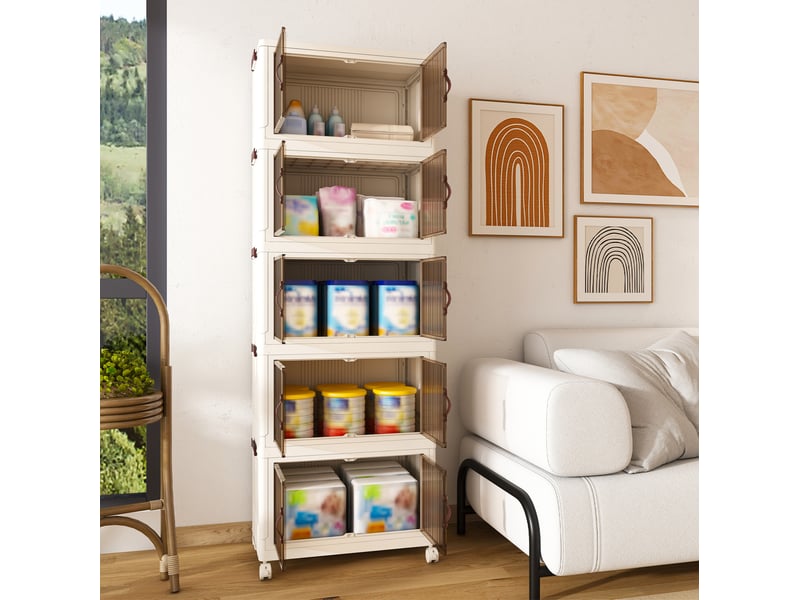  Armoire de rangement pliante 5 niveaux en polypropylène blanc avec roulettes  - Conforama D