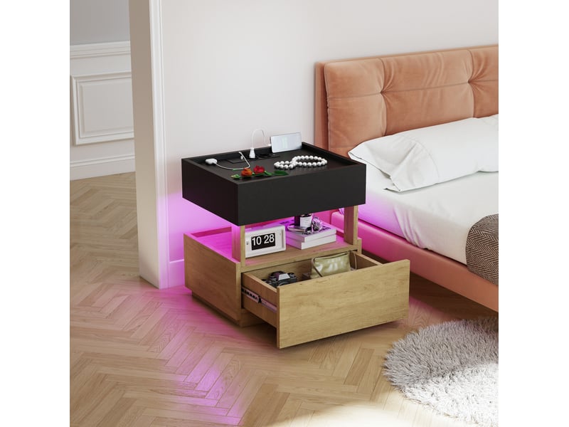  Table de chevet avec charge sans fil, led, usb et 2 tiroirs 50x40x50 cm noir naturel  - Conforama B