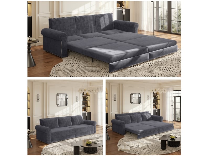  Canapé-lit modenvie convertible 3-en-1 3 places 238 x 90 x 98 cm velours gris  - Conforama E