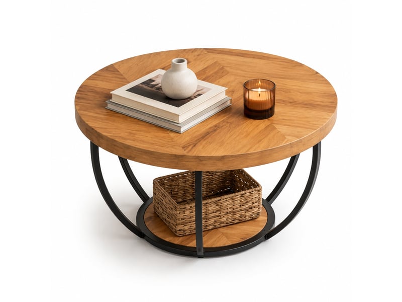 Table basse ronde à deux niveaux avec plateau effet bois et piètement métallique pour salon ou bureau, finition bois - Conforama A