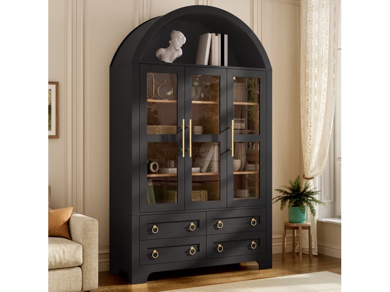  Vitrine noir 110x40x185 cm avec 3 portes vitrées, 4 tiroirs et niche ouverte  - Conforama E