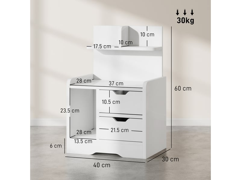  Table de chevet avec 2 tiroirs et étagères de rangement, table de chevet moderne en bois, blanc brillant  - Conforama E