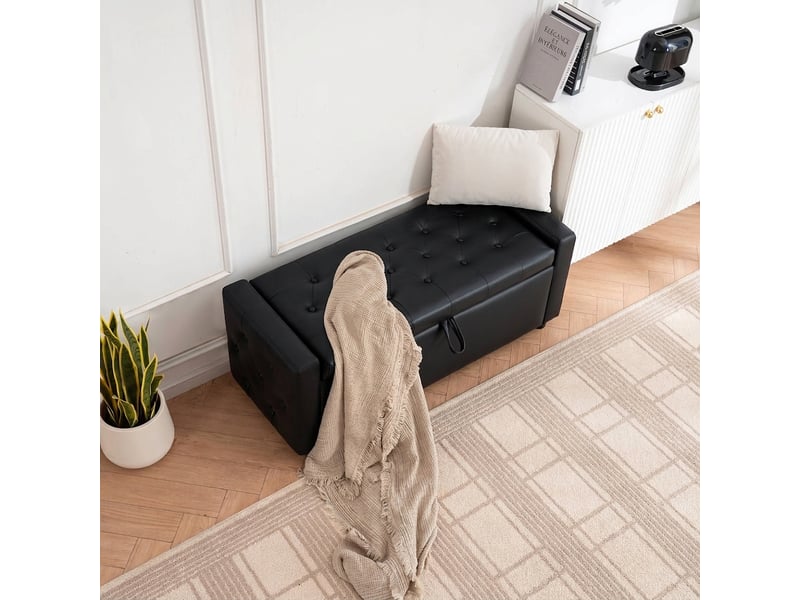  Banc coffre de rangement noir capitonné 122 cm, pouf rectangulaire pour chambre et salon  - Conforama E